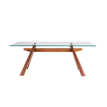 Mesa Zeus de la firma Midj con estructura en nogal y sobre de cristal transparente extraclaro