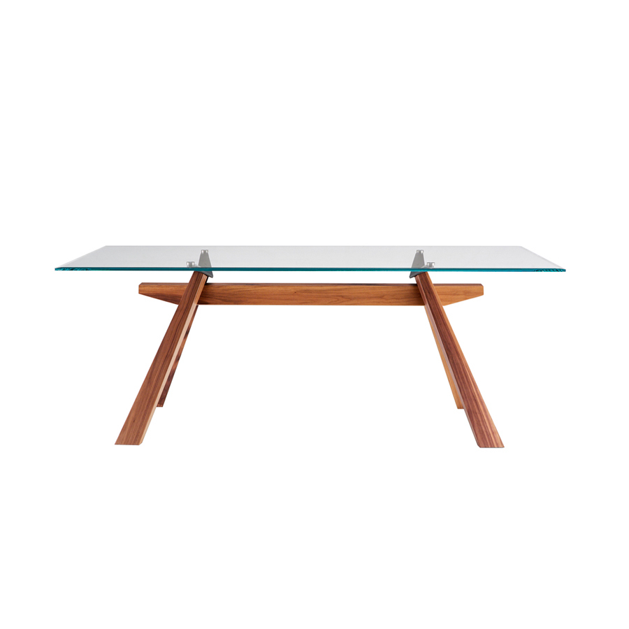 Mesa Zeus de la firma Midj con estructura en nogal y sobre de cristal transparente extraclaro