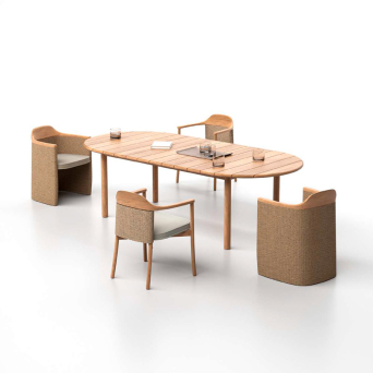 Silla Umbra con estructura de teca y fibra banana trenzada con cojín de asiento en color beige 2