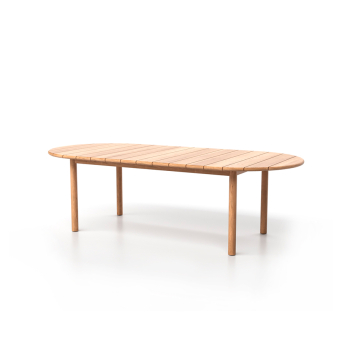Mesa ovalada Umbra fabricada en madera de teca por la firma SKLD Studio