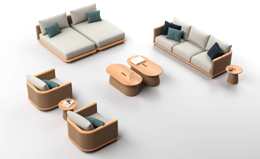 Sillón, sofá, chiselongue y mesa de centro de la colección Umbra