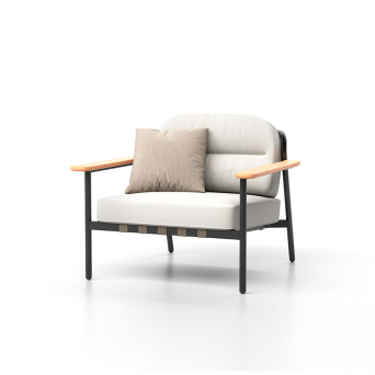 Sillón Lacus con estructura de aluminio color carbón y reposabrazos de teca