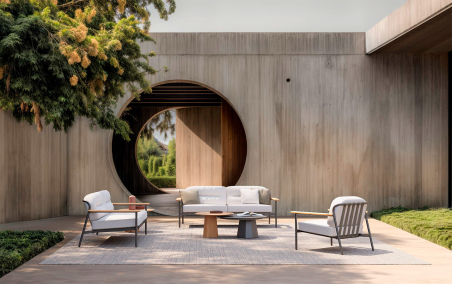 Ambiente de terraza con sofá, sillón y mesas de centro Lacus