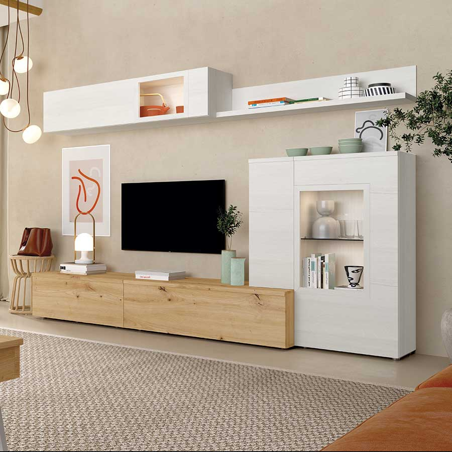Salón Neo 305, fabricado en melamina y acabado nuez y polar