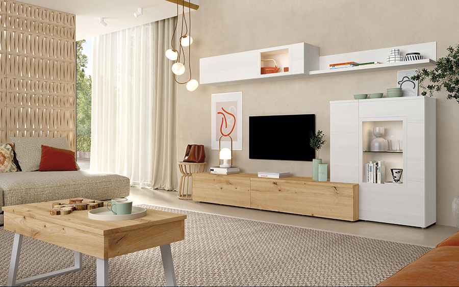 Vista ambiente del Salón Neo 305 de Ramis, con dos muebles tv, una vitrina, un estante y un módulo colgado