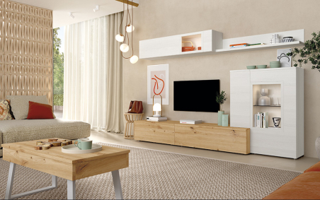 Vista ambiente del Salón Neo 305 de Ramis, con dos muebles tv, una vitrina, un estante y un módulo colgado