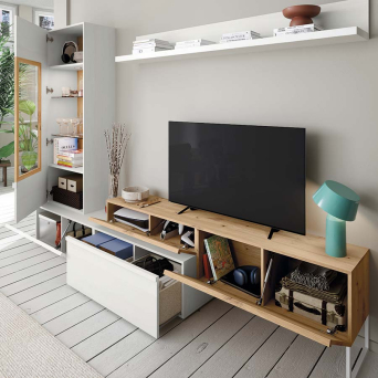 Salón Neo 317, fabricado en melamina y con vitrina, mueble tv, estante y módulo bajo 2