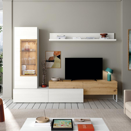 Salón Neo 317, fabricado en melamina y con vitrina, mueble tv, estante y módulo bajo