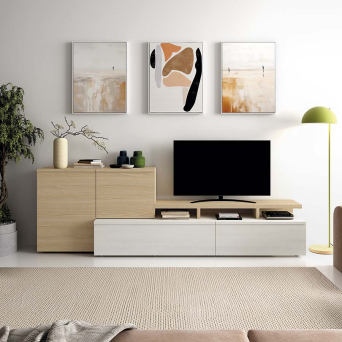 Salón Neo 320, fabricado en melamina y acabado nuez y blanco