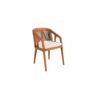 Silla de terraza Rio fabricada en madera de teca y fibra sintética con asiento tapizado en tela