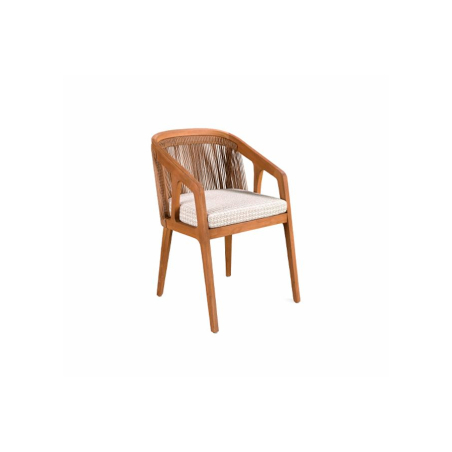 Silla de terraza Rio fabricada en madera de teca y fibra sintética con asiento tapizado en tela
