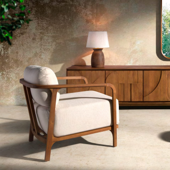 Sillón Pure con estructura de teca y tapizado en tejido beige 2