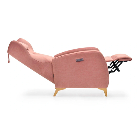 Sillón relax reclinable dos motores tapizado en tela color rosa con patas en haya