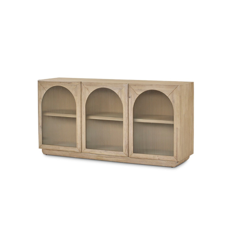 Aparador Catania con tres puertas de madera maciza de acacia con cristal acanalado