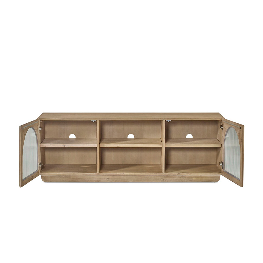 Mueble TV Catania abierto con divisores interiores en madera maciza de acacia