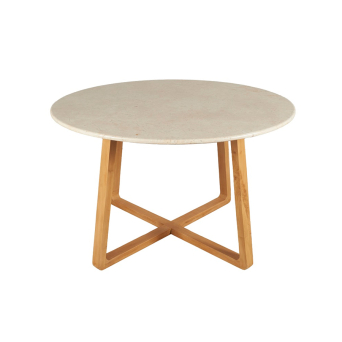 Mesa DT-400 con base en cruz de madera maciza y tapa en mármol