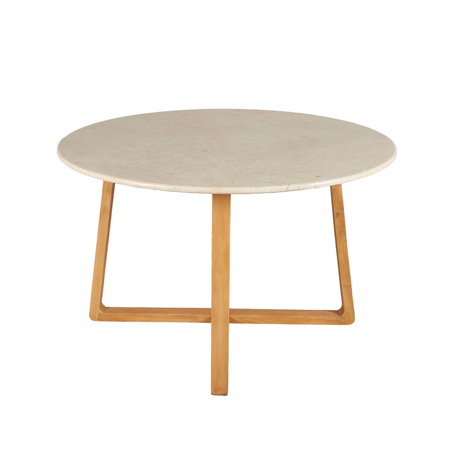 Mesa comedor redonda DT-400 con tapa de mármol color beige y patas en madera maciza