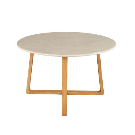 Mesa comedor redonda DT-400 con tapa de mármol color beige y patas en madera maciza