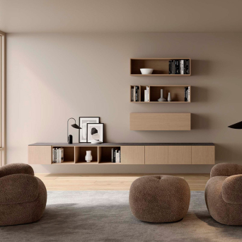 Salón Sense 06 compuesto por un mueble colgado con puertas y huecos diáfanos y tres módulos colgados