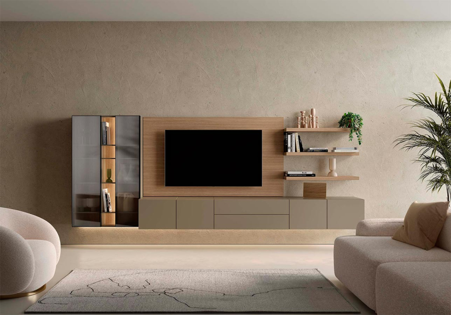 Ambiente con la composición Sense 10 de la firma Kroma fabricada en chapa de madera natural y lacado