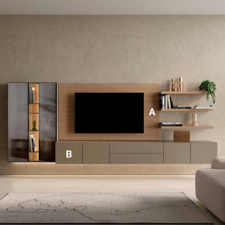 Salón Sense 10 de estilo moderno suspendido a la pared, en acabado roble natural y lacado nude
