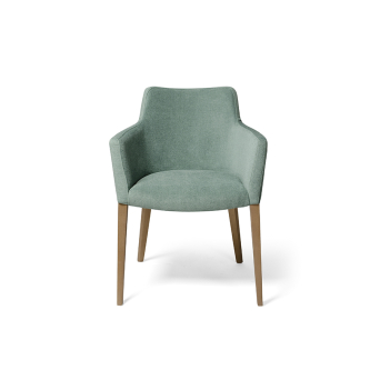 Sillón Hugo con patas de madera y tapizado en tela color verde claro 2