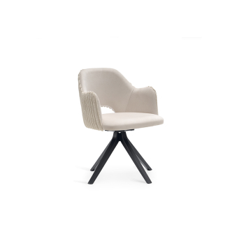 Sillón Dakota con pie giratorio de 4 aspas en color negro y asiento y respaldo tapizado en tela color crudo