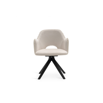 Sillón Dakota con pie giratorio de 4 aspas en color negro y asiento y respaldo tapizado en tela color crudo 2