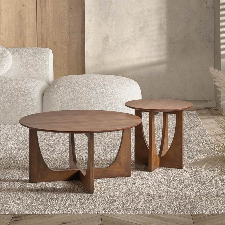 Ambiente con mesa de centro CT-427 y mesita auxiliar ST-427, fabricadas en chapa de roble color nogal