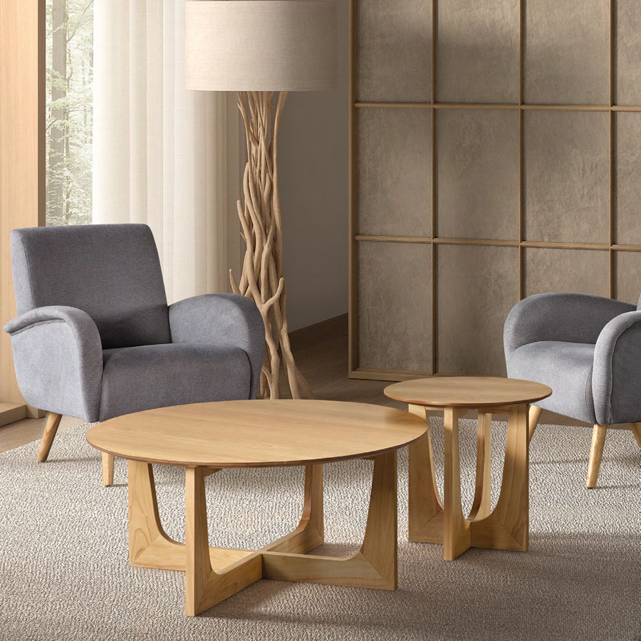 Ambiente con mesa de centro CT-427 y mesita auxiliar ST-427, fabricadas en chapa de roble