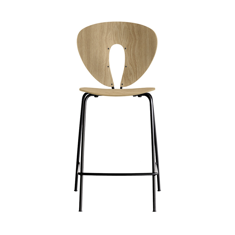 Taburete Globus de Stua de asiento madera y estructura acero con vista frontal