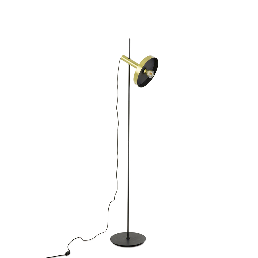 Lámpara de pie Whizz, fabricada en acero y acabada en dorado satinado y negro mate, de Faro Barcelona