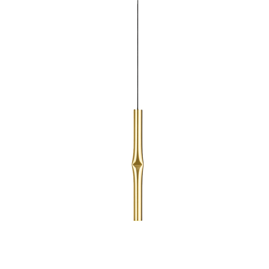 Lámpara colgante Flow, acabado oro satinado, con pantalla compuesta por tubo metálico deformado con difusor acrílico