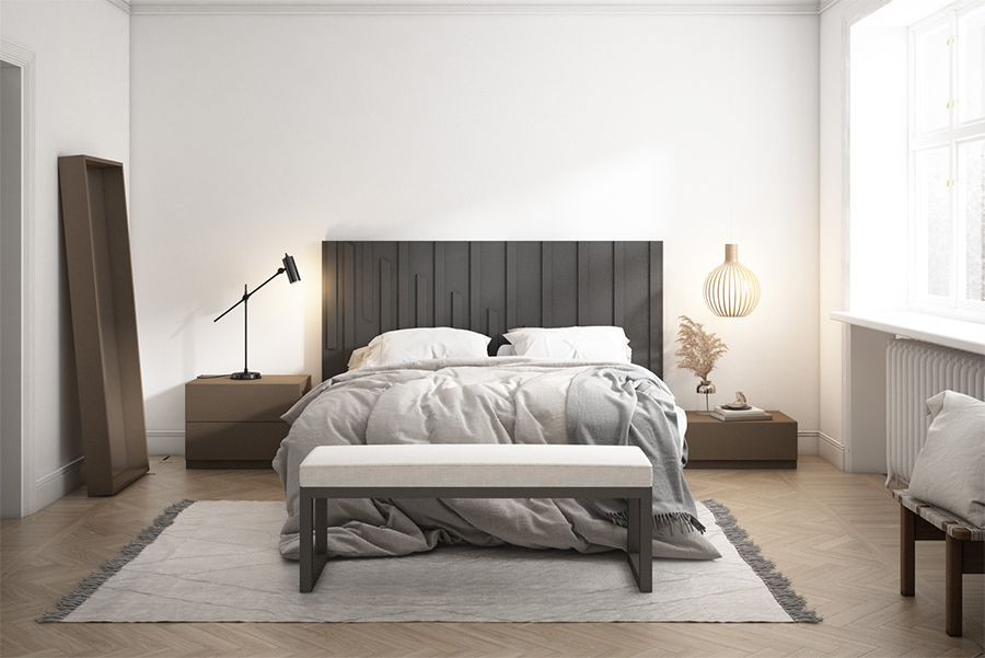 Ambiente de dormitorio Sicilia con cama de matrimonio, mesitas de noche y banco descalzador