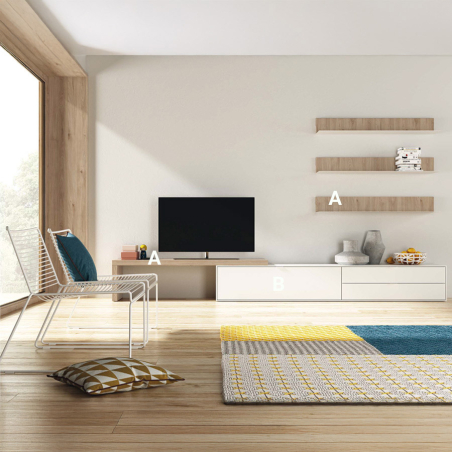 Composición salón Natur 3 de Tegar, acabados Blanco mate y noce con acabados