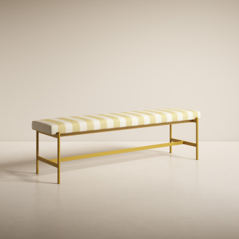 Banqueta exterior Nespolo con estructura metálica ocre y asiento tapizado en tela en rayas amarillas y blancas
