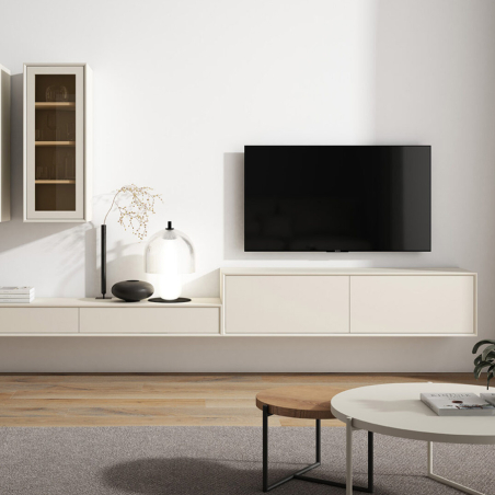 Salón de estilo moderno Libra con dos vitrinas suspendidas a pared y módulos con cajón y puerta