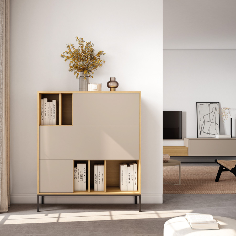 Mueble singular Hydra de la firma Decornouveau, con base metálica y fabricado en chapa de roble natural y lacado arena