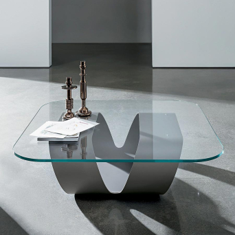 Mesa Ring de Sovet Italia, fabricada en base de metal y tapa de vidrio transparente