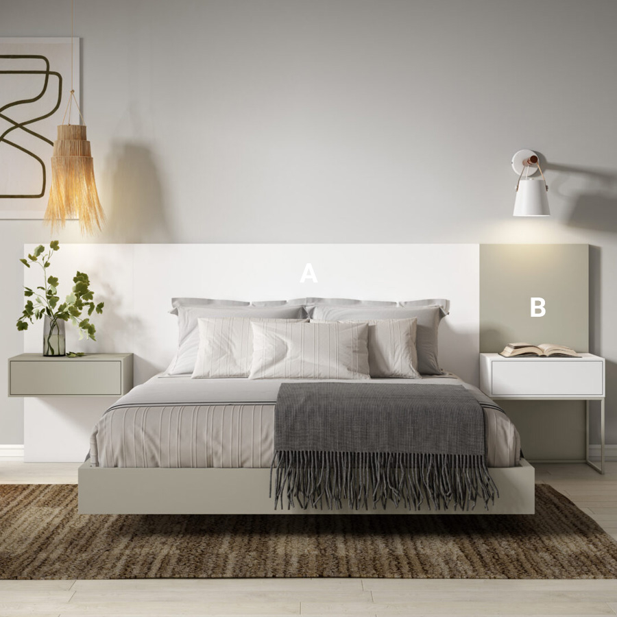 Dormitorio Palma en acabados lacados blanco y gris claro