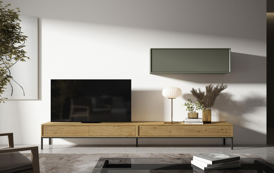 Ambiente de salón Vela de la firma Decornouveau, fabricado en chapa de madera natural y DM lacado con patas metálicas