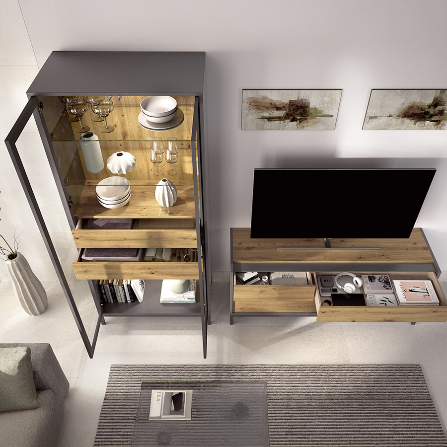 Salón Duo 38 fabricado con melamina de primera calidad, vista cajones abiertos.