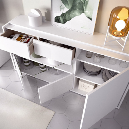 Composición de salón 43 de la marca española Rimobel, detalle cajones abiertos