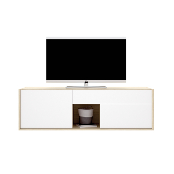 Mueble de Tv DUO 69 de la marca nacional Rimobel, acabado en roble y blanco.