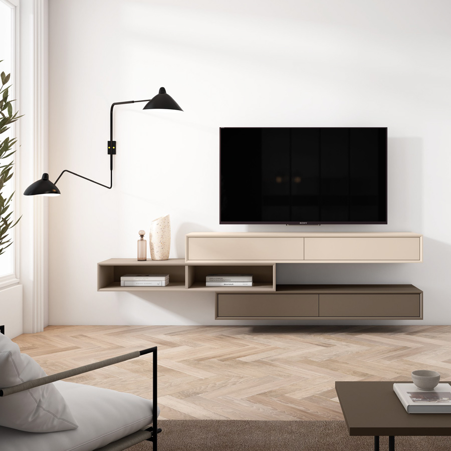 Salón Cosmo C13 de Decornouveau, compuesto por módulos colgados con cajón y diáfanos