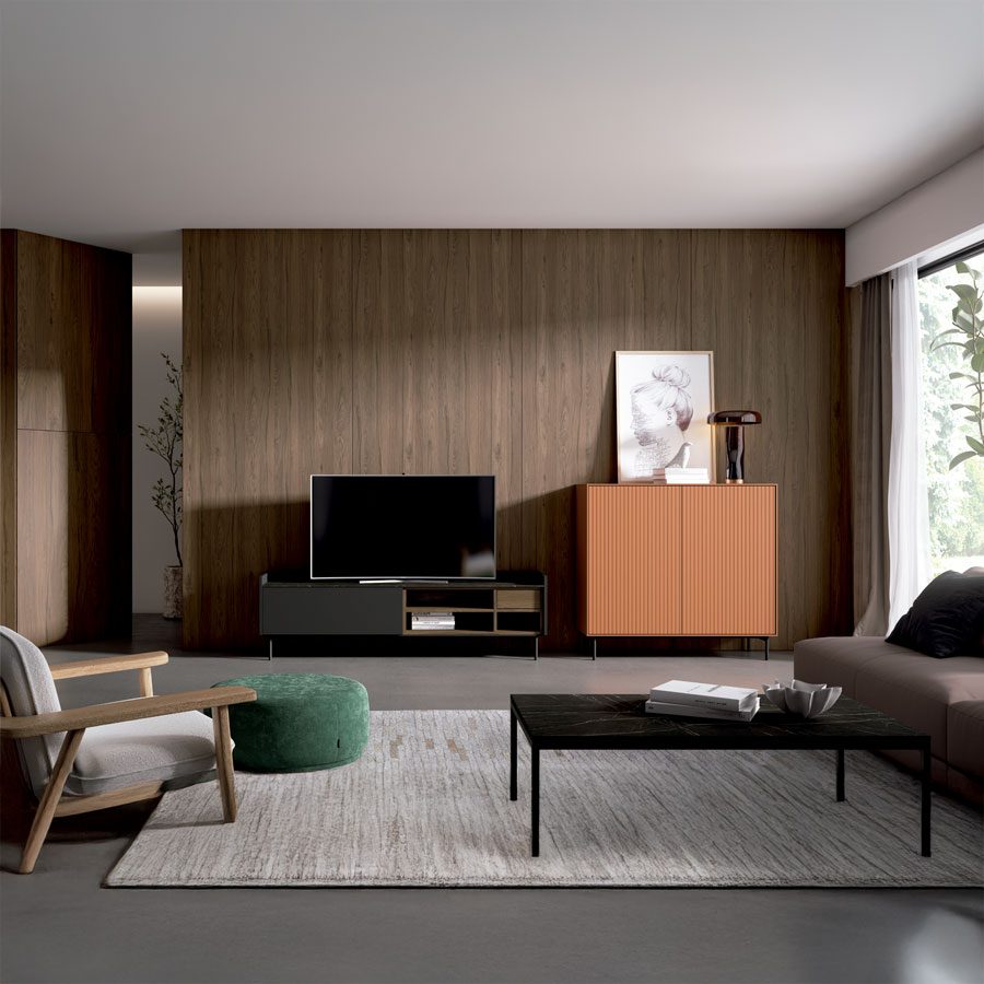 Ambiente de salón de la firma Lan Mobel, con mueble TV y aparador de estilo moderno