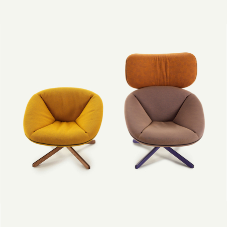 Butaca y sillón Tortuga de Sancal, con base de madera giratoria y tapizados en tela