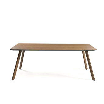 Mesa Tortuga de la firma Sancal, fabricada en DM chapado en fresno. Frente e inferior de la tapa lacado en negro