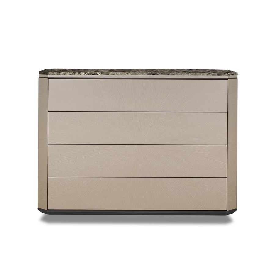 Vista frontal de la Cómoda Emerald con tapa de mármol y acabado de la madera roble champán, de Hurtado