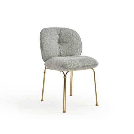 Vista lateral silla Mullit de Sancal con patas metálicas doradas y tapizada en tela color gris claro
